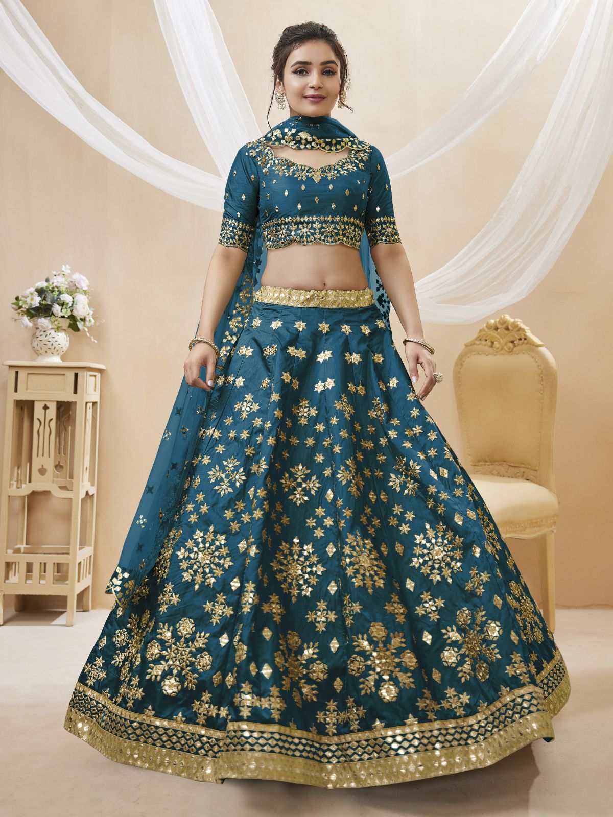 Odette Blue Art Silk Embroidered Semi Stitched Lehenga With Unstitched Blouse For Women