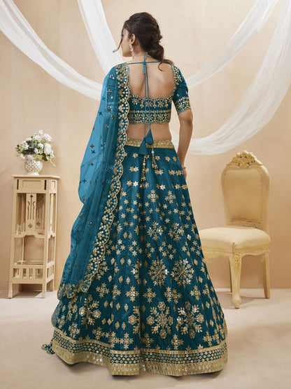 Odette Blue Art Silk Embroidered Semi Stitched Lehenga With Unstitched Blouse For Women