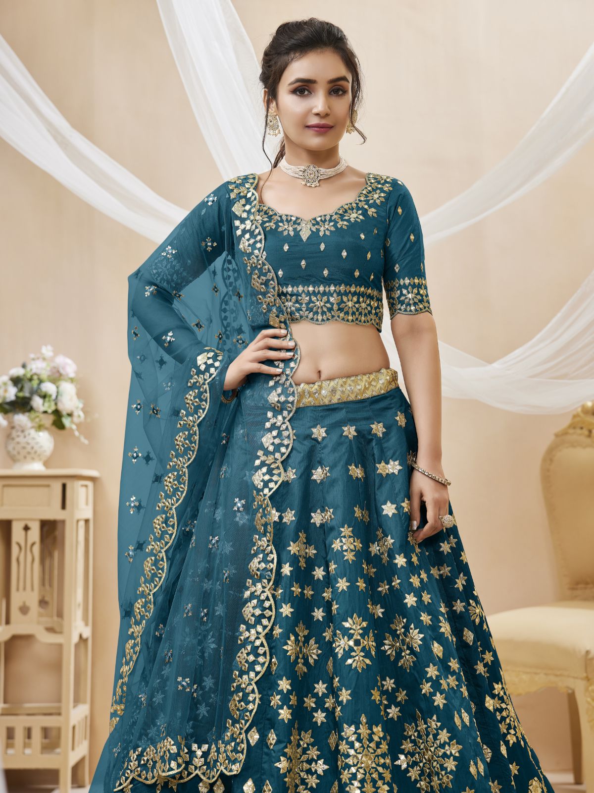 Odette Blue Art Silk Embroidered Semi Stitched Lehenga With Unstitched Blouse For Women
