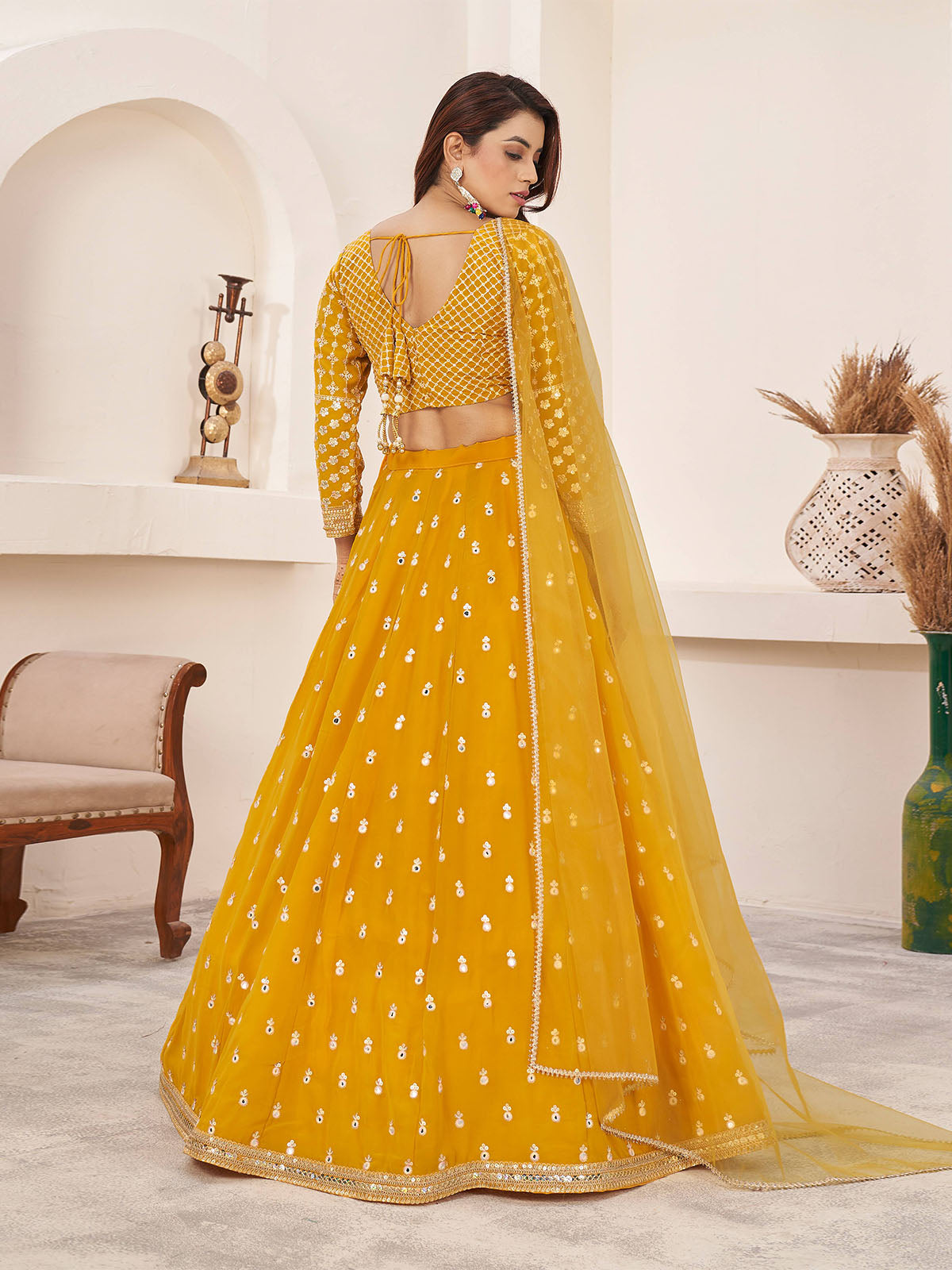 Odette Yellow Georgette Embellished Semi Stitched Lehenga With Unstitched Blouse For Women