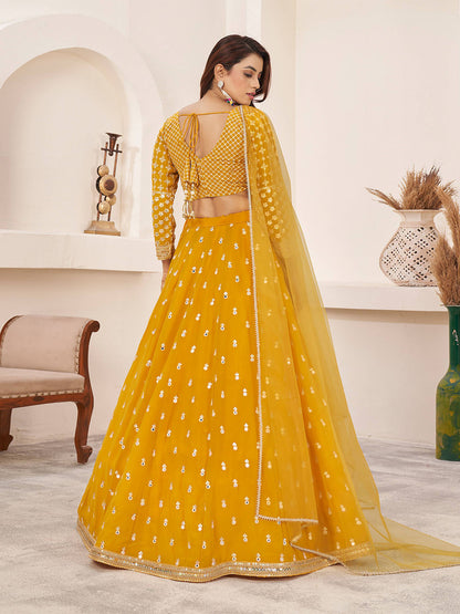 Odette Yellow Georgette Embellished Semi Stitched Lehenga With Unstitched Blouse For Women
