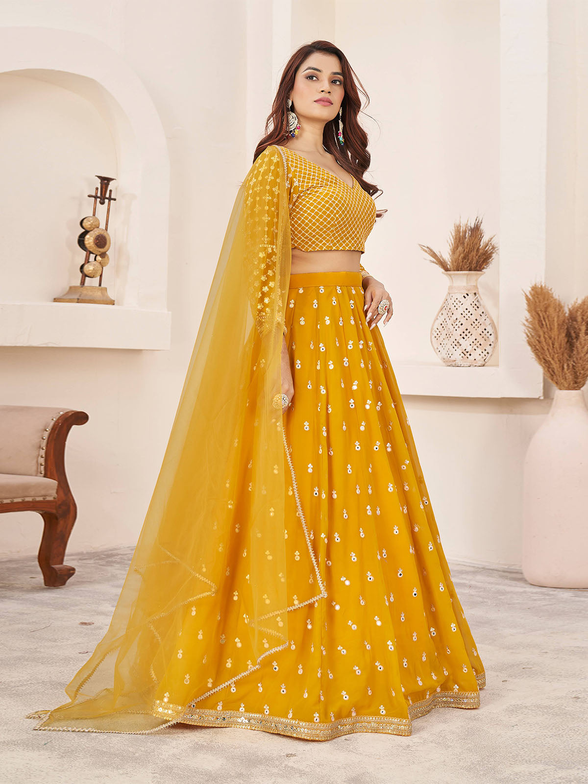 Odette Yellow Georgette Embellished Semi Stitched Lehenga With Unstitched Blouse For Women