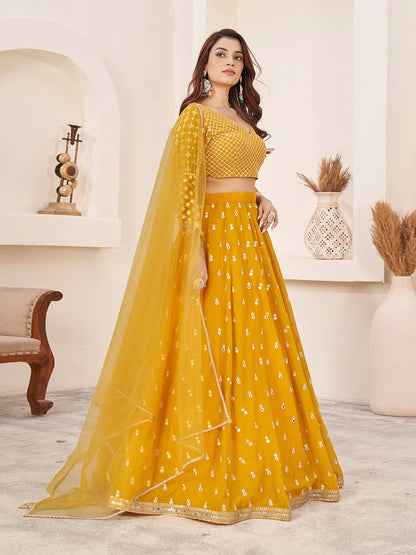 Odette Yellow Georgette Embellished Semi Stitched Lehenga With Unstitched Blouse For Women
