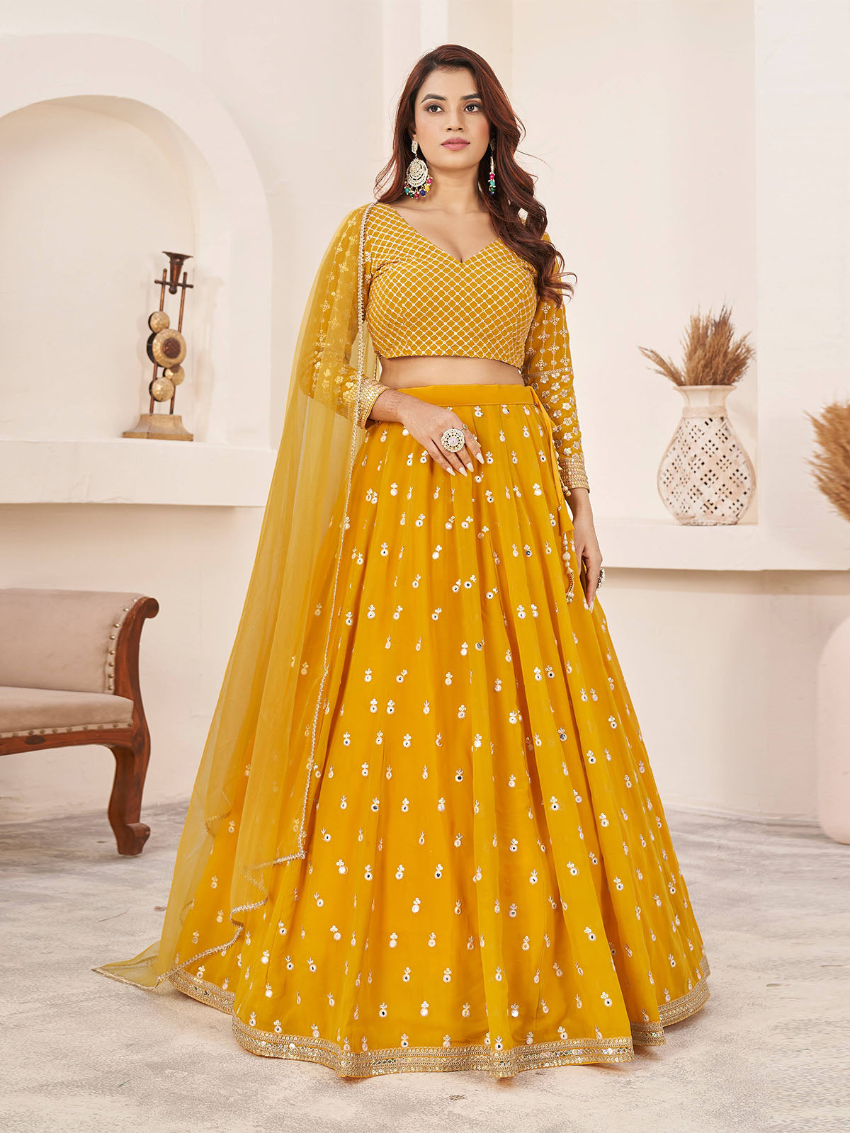Odette Yellow Georgette Embellished Semi Stitched Lehenga With Unstitched Blouse For Women