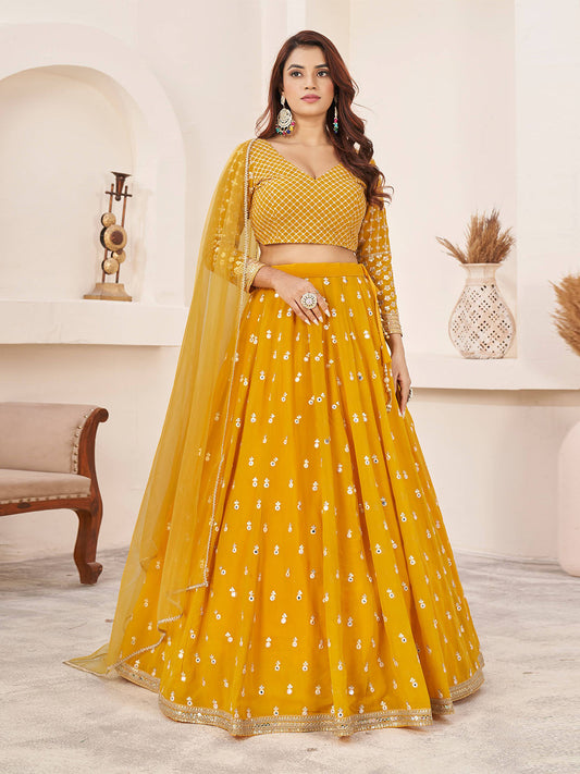 Odette Yellow Georgette Embellished Semi Stitched Lehenga With Unstitched Blouse For Women