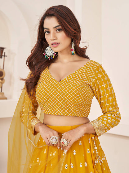 Odette Yellow Georgette Embellished Semi Stitched Lehenga With Unstitched Blouse For Women