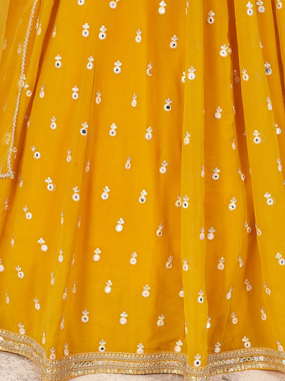 Odette Yellow Georgette Embellished Semi Stitched Lehenga With Unstitched Blouse For Women