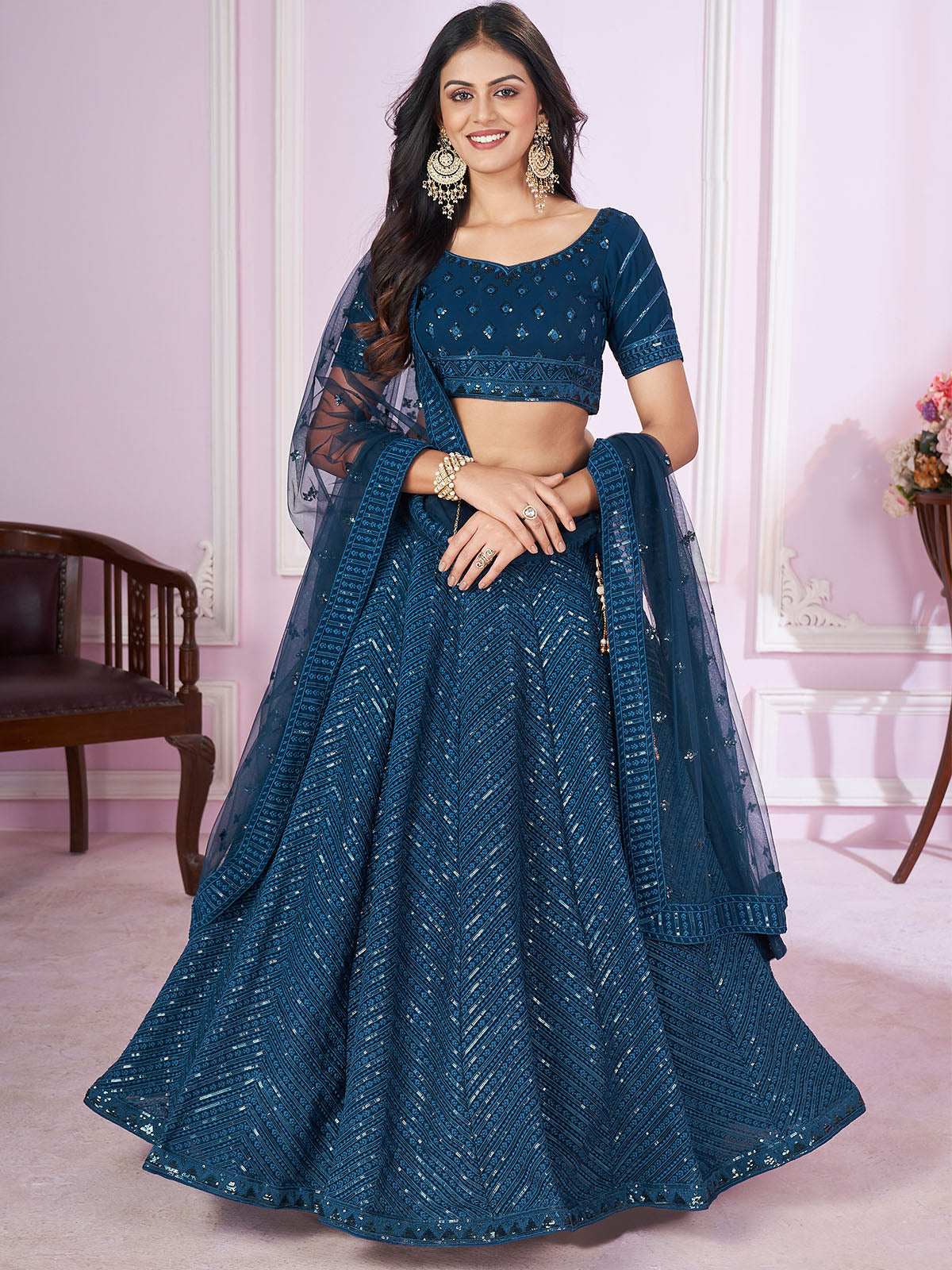 Odette Blue Georgette Embellished Semi Stitched Lehenga With Unstitched Blouse For Women