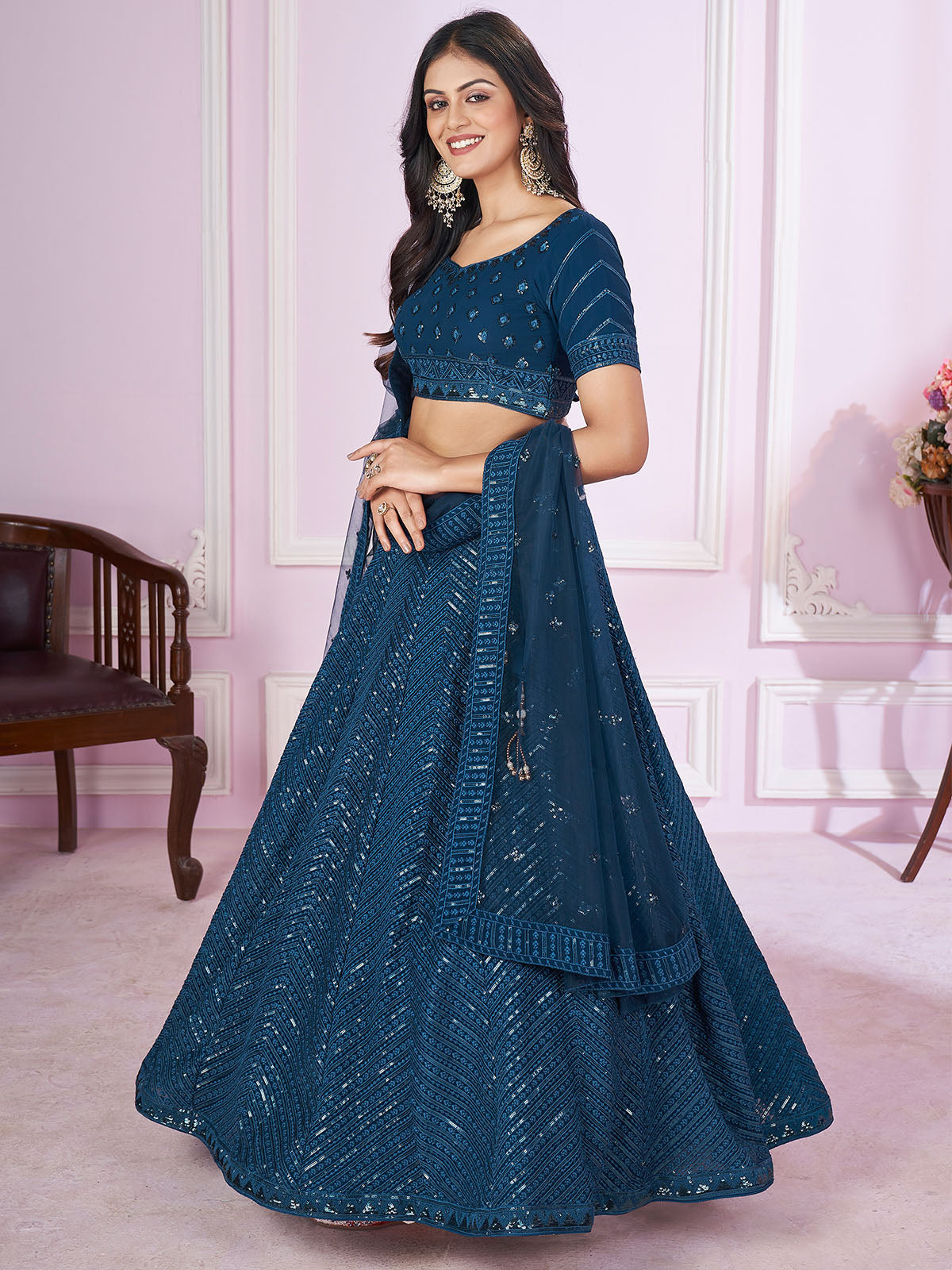 Odette Blue Georgette Embellished Semi Stitched Lehenga With Unstitched Blouse For Women