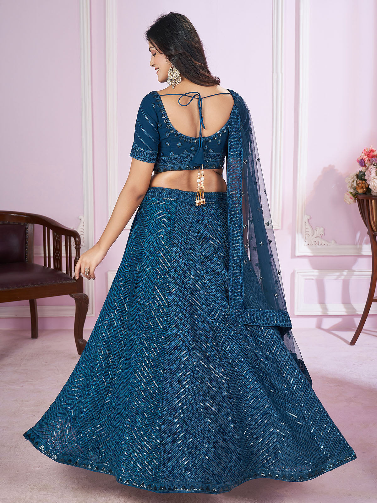 Odette Blue Georgette Embellished Semi Stitched Lehenga With Unstitched Blouse For Women