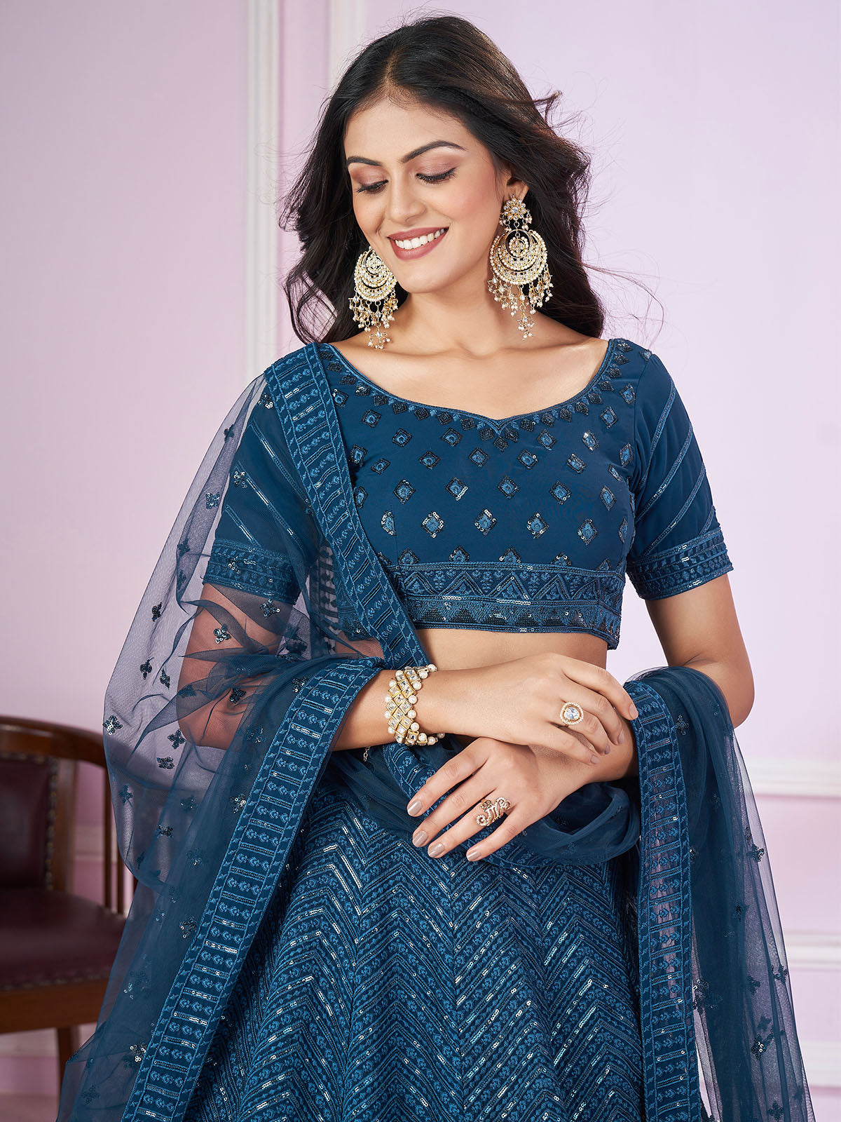 Odette Blue Georgette Embellished Semi Stitched Lehenga With Unstitched Blouse For Women