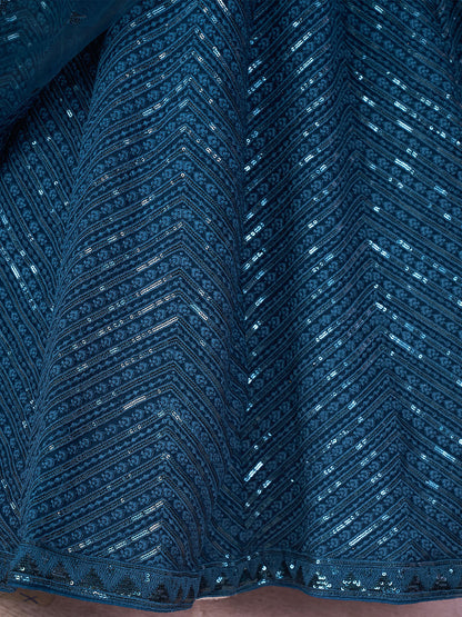 Odette Blue Georgette Embellished Semi Stitched Lehenga With Unstitched Blouse For Women