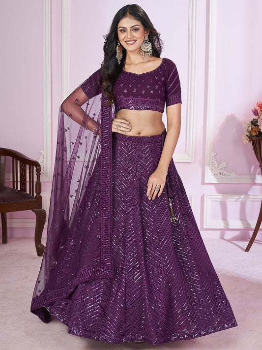 Odette Purple Georgette Embellished Semi Stitched Lehenga With Unstitched Blouse For Women
