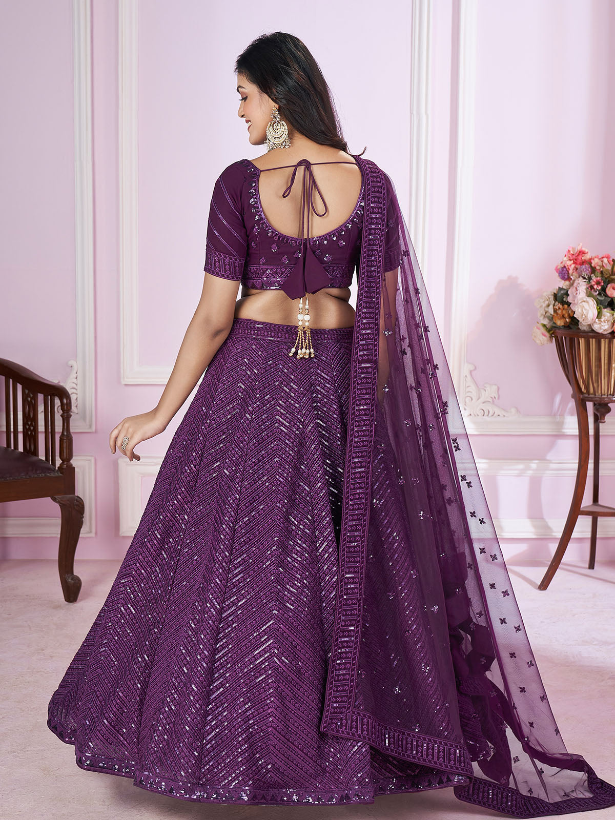 Odette Purple Georgette Embellished Semi Stitched Lehenga With Unstitched Blouse For Women