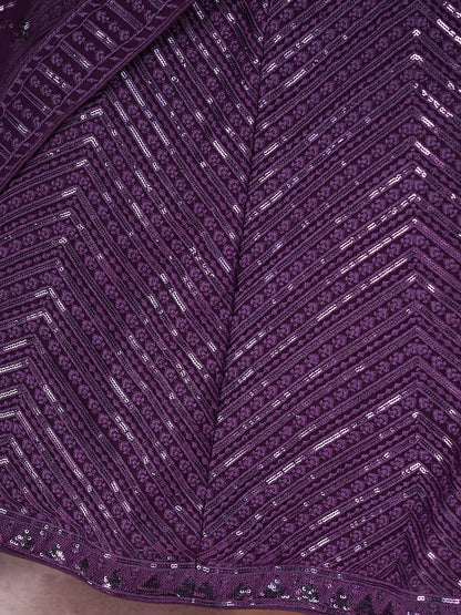 Odette Purple Georgette Embellished Semi Stitched Lehenga With Unstitched Blouse For Women