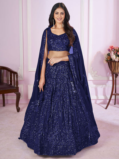 Odette Blue Georgette Embellished Semi Stitched Lehenga With Unstitched Blouse For Women