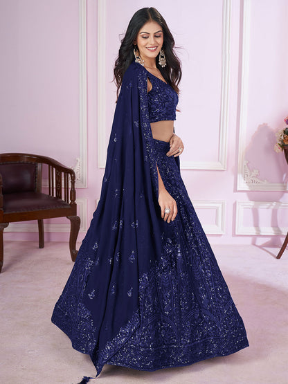 Odette Blue Georgette Embellished Semi Stitched Lehenga With Unstitched Blouse For Women