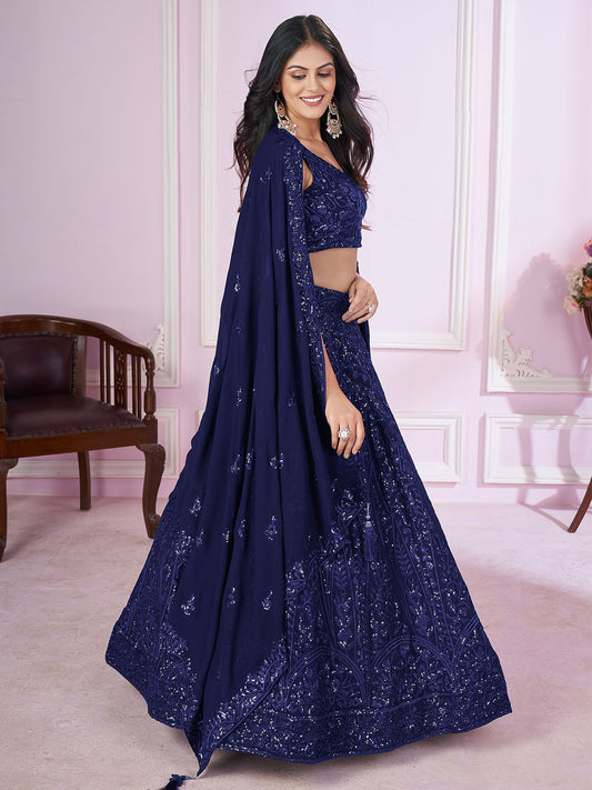 Odette Blue Georgette Embellished Semi Stitched Lehenga With Unstitched Blouse For Women