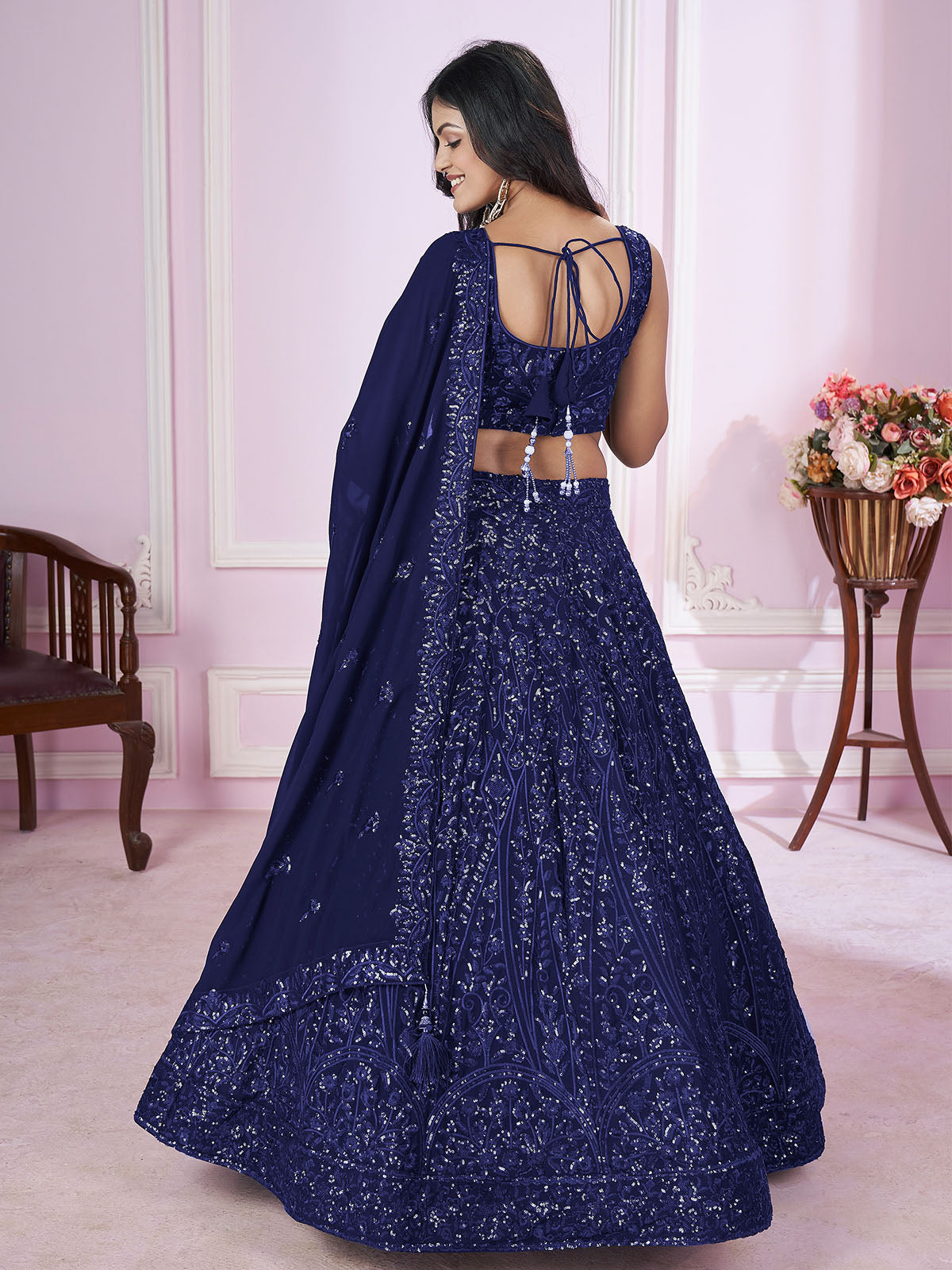 Odette Blue Georgette Embellished Semi Stitched Lehenga With Unstitched Blouse For Women