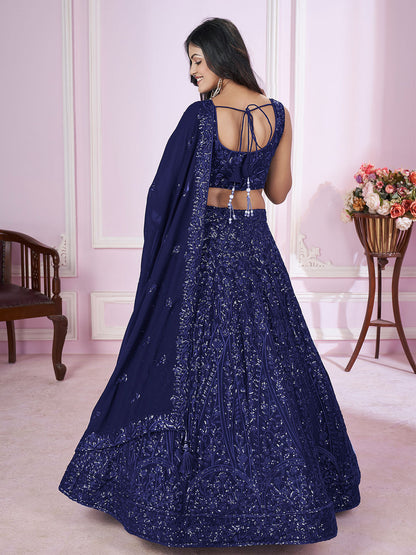 Odette Blue Georgette Embellished Semi Stitched Lehenga With Unstitched Blouse For Women