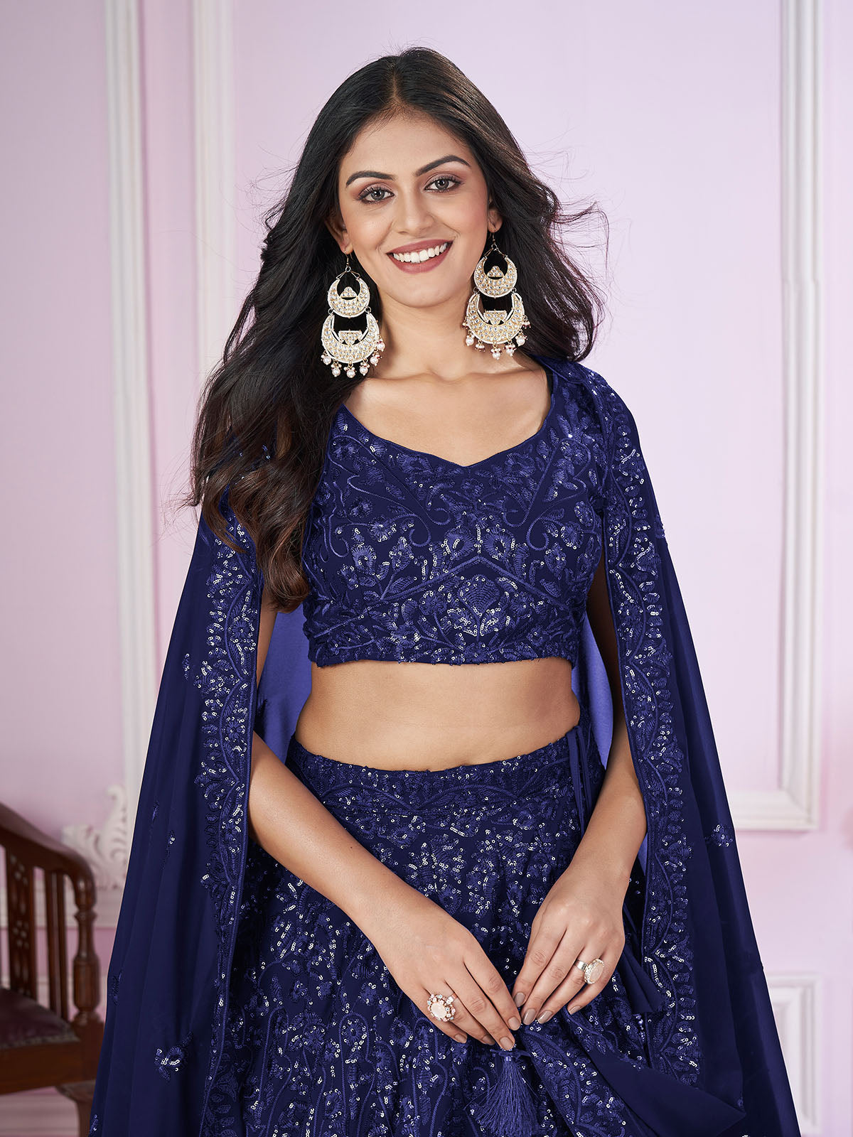 Odette Blue Georgette Embellished Semi Stitched Lehenga With Unstitched Blouse For Women