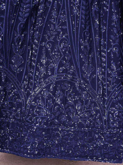 Odette Blue Georgette Embellished Semi Stitched Lehenga With Unstitched Blouse For Women
