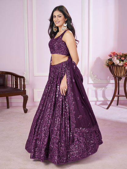 Odette Purple Georgette Embellished Semi Stitched Lehenga With Unstitched Blouse For Women