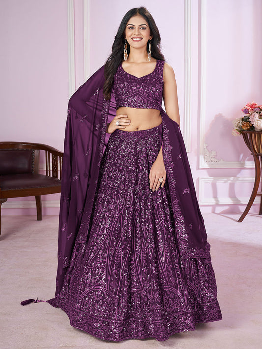 Odette Purple Georgette Embellished Semi Stitched Lehenga With Unstitched Blouse For Women