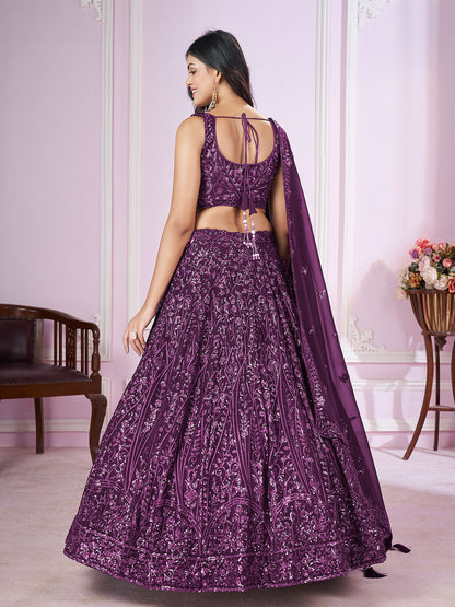 Odette Purple Georgette Embellished Semi Stitched Lehenga With Unstitched Blouse For Women