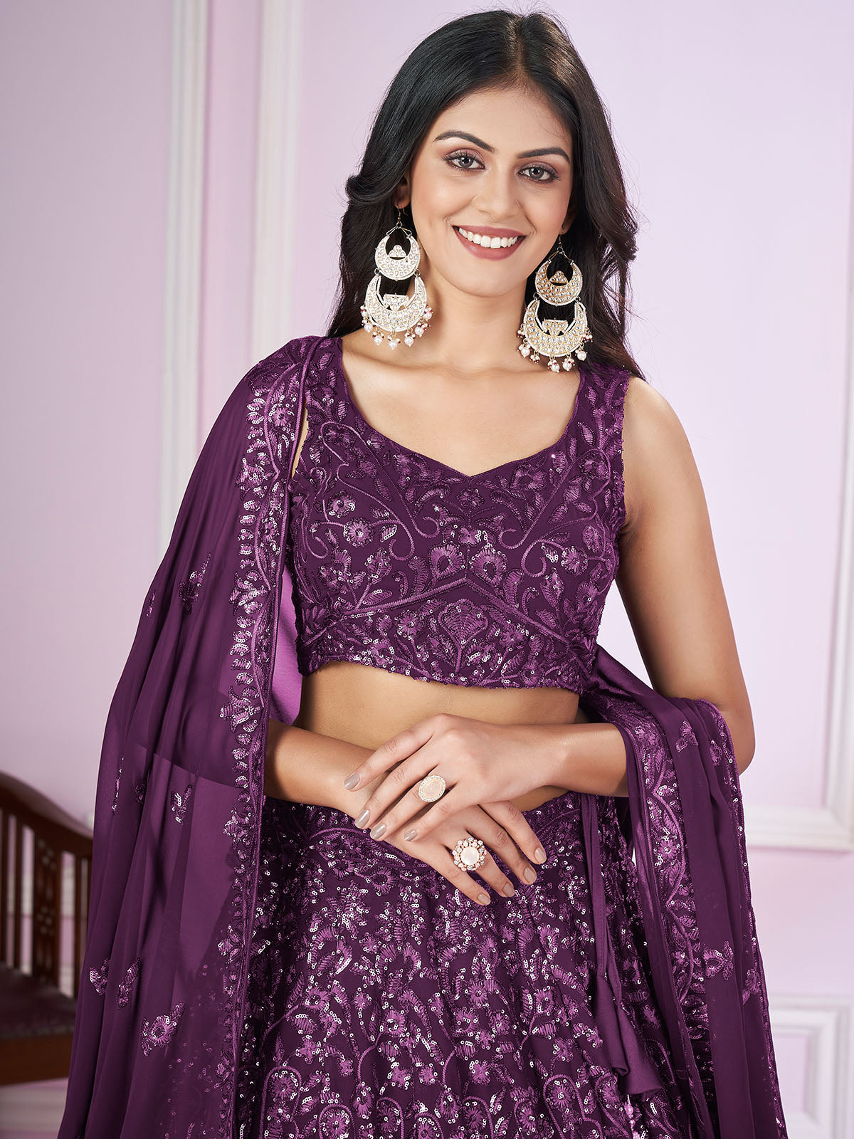 Odette Purple Georgette Embellished Semi Stitched Lehenga With Unstitched Blouse For Women