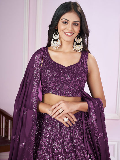 Odette Purple Georgette Embellished Semi Stitched Lehenga With Unstitched Blouse For Women