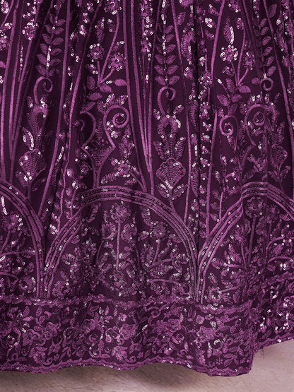 Odette Purple Georgette Embellished Semi Stitched Lehenga With Unstitched Blouse For Women