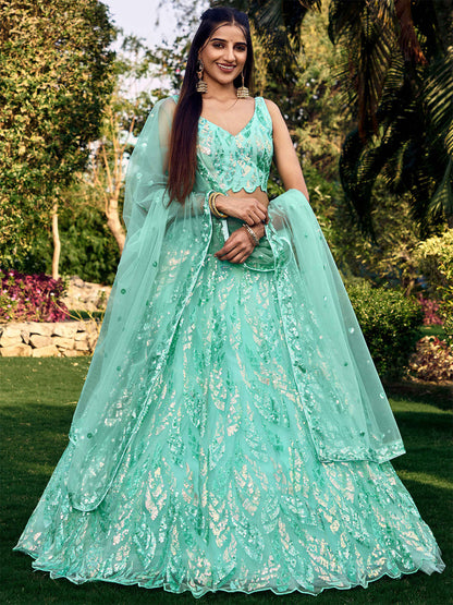 Odette Light Blue Soft Net Embellished Semi Stitched Lehenga With Unstitched Blouse For Women