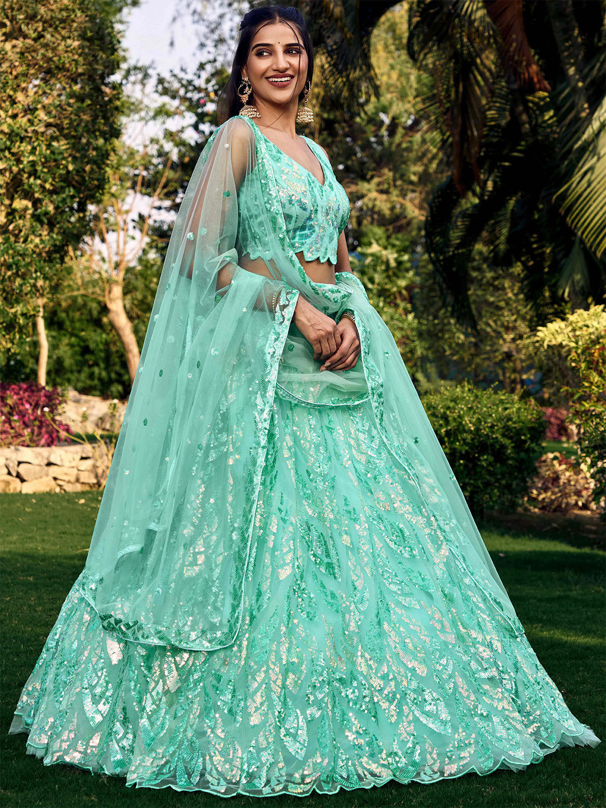Odette Light Blue Soft Net Embellished Semi Stitched Lehenga With Unstitched Blouse For Women