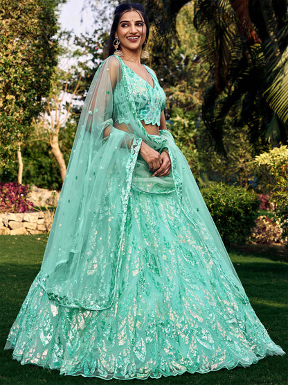 Odette Light Blue Soft Net Embellished Semi Stitched Lehenga With Unstitched Blouse For Women