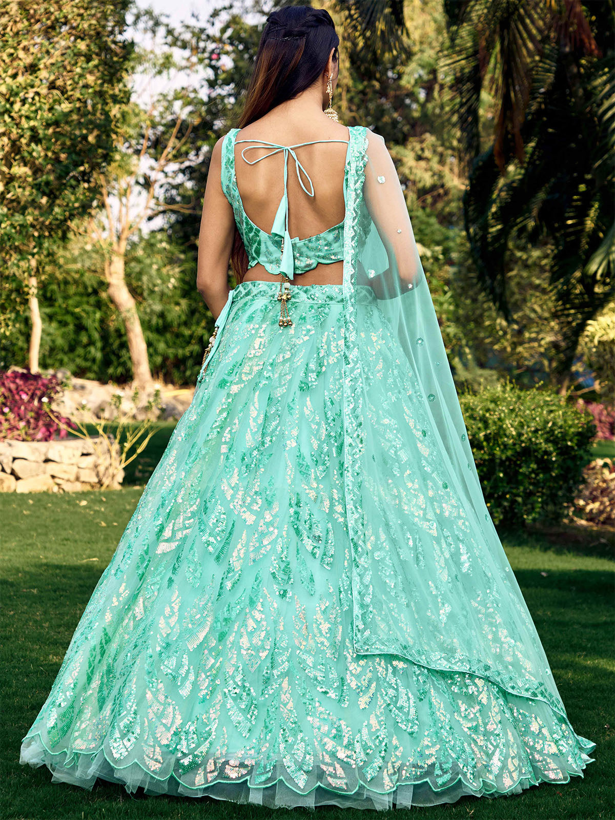 Odette Light Blue Soft Net Embellished Semi Stitched Lehenga With Unstitched Blouse For Women