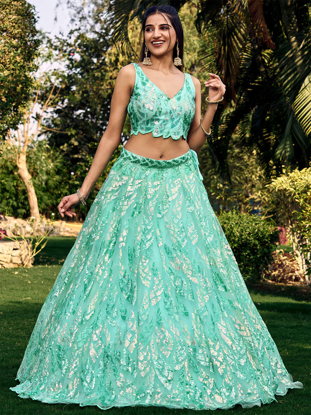 Odette Light Blue Soft Net Embellished Semi Stitched Lehenga With Unstitched Blouse For Women