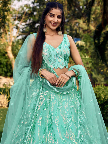Odette Light Blue Soft Net Embellished Semi Stitched Lehenga With Unstitched Blouse For Women