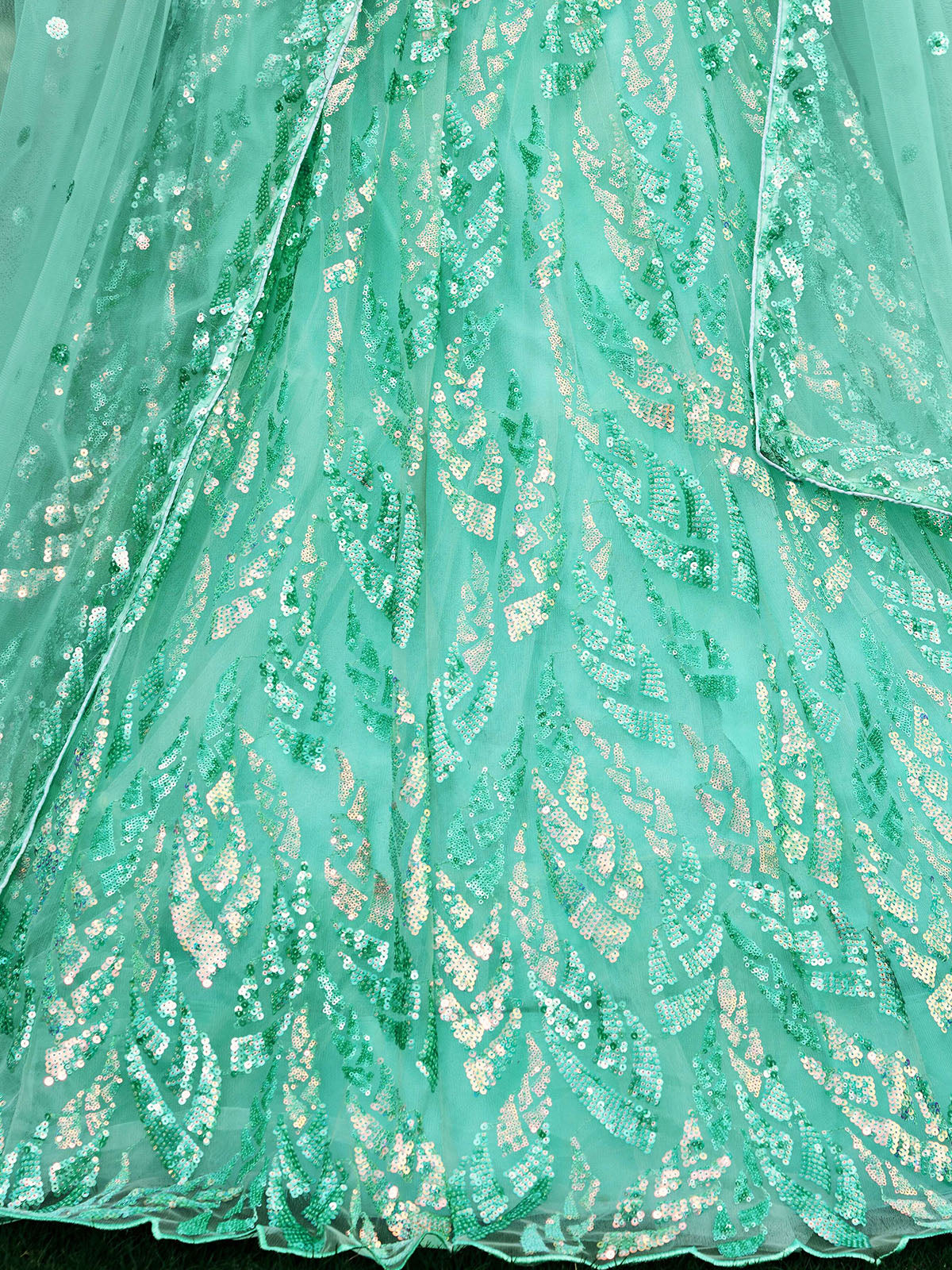 Odette Light Blue Soft Net Embellished Semi Stitched Lehenga With Unstitched Blouse For Women