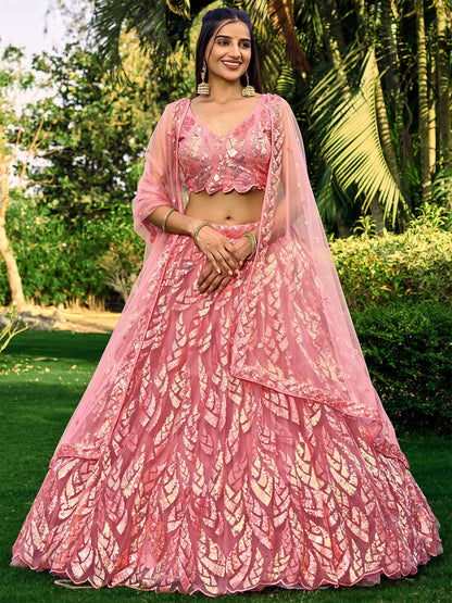 Odette Pink Soft Net Embellished Semi Stitched Lehenga With Unstitched Blouse For Women