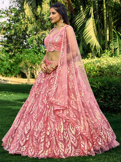 Odette Pink Soft Net Embellished Semi Stitched Lehenga With Unstitched Blouse For Women