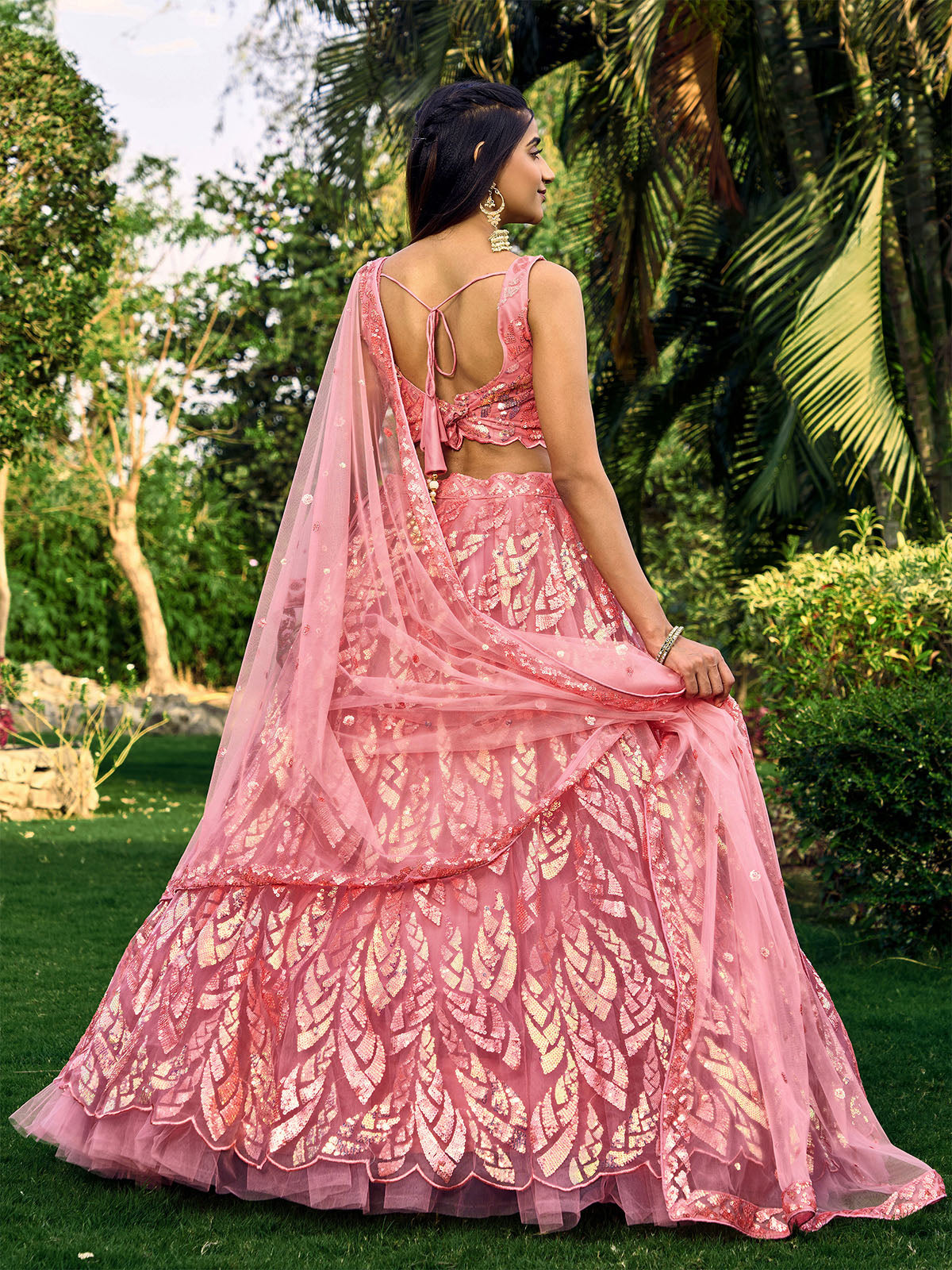 Odette Pink Soft Net Embellished Semi Stitched Lehenga With Unstitched Blouse For Women