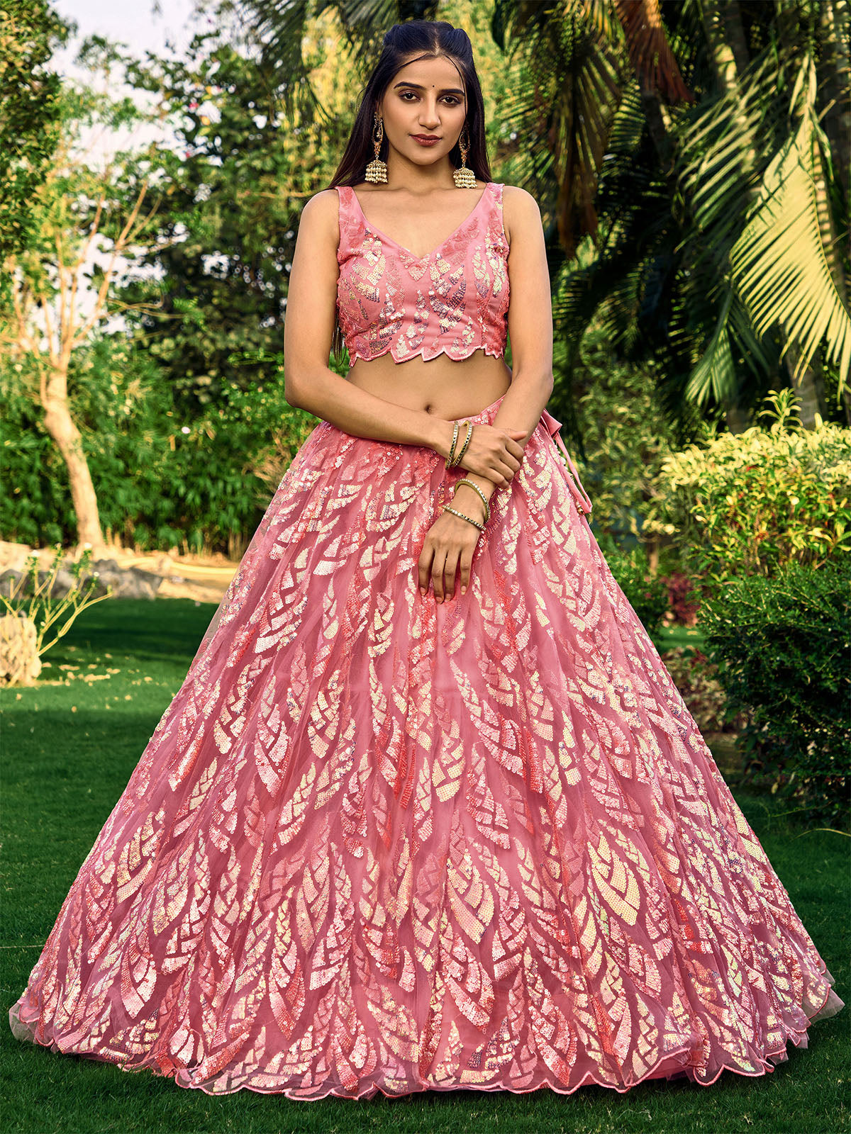 Odette Pink Soft Net Embellished Semi Stitched Lehenga With Unstitched Blouse For Women