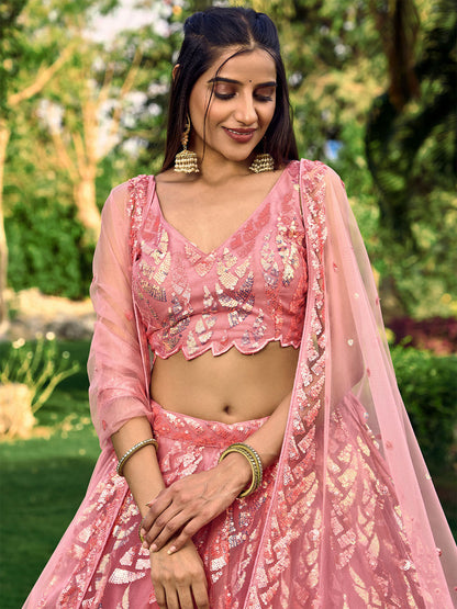 Odette Pink Soft Net Embellished Semi Stitched Lehenga With Unstitched Blouse For Women