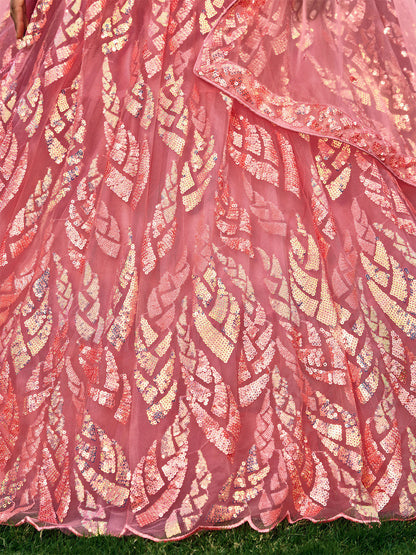 Odette Pink Soft Net Embellished Semi Stitched Lehenga With Unstitched Blouse For Women