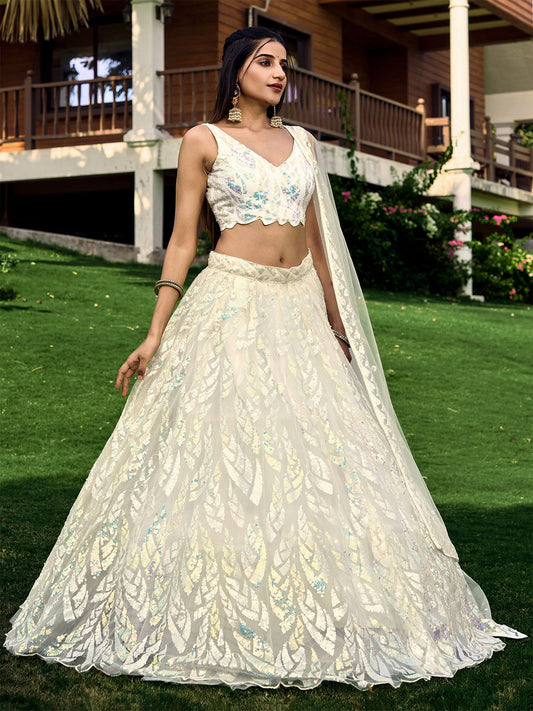 Odette Off White Blue Soft Net Embellished Semi Stitched Lehenga With Unstitched Blouse For Women