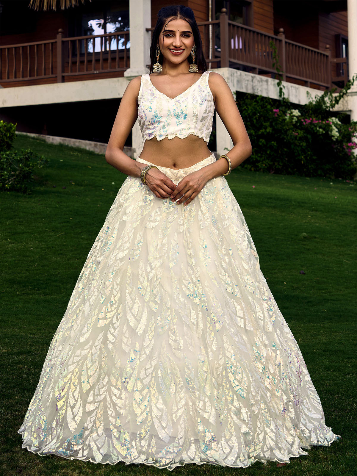 Odette Off White Blue Soft Net Embellished Semi Stitched Lehenga With Unstitched Blouse For Women