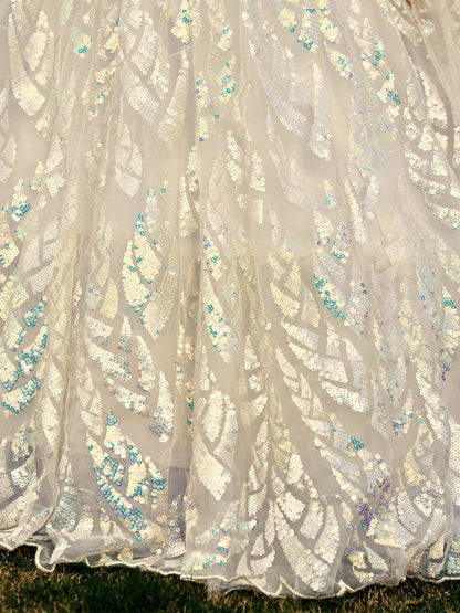 Odette Off White Blue Soft Net Embellished Semi Stitched Lehenga With Unstitched Blouse For Women