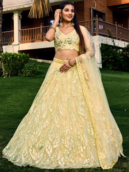 Odette Light Yellow Soft Net Embellished Semi Stitched Lehenga With Unstitched Blouse For Women