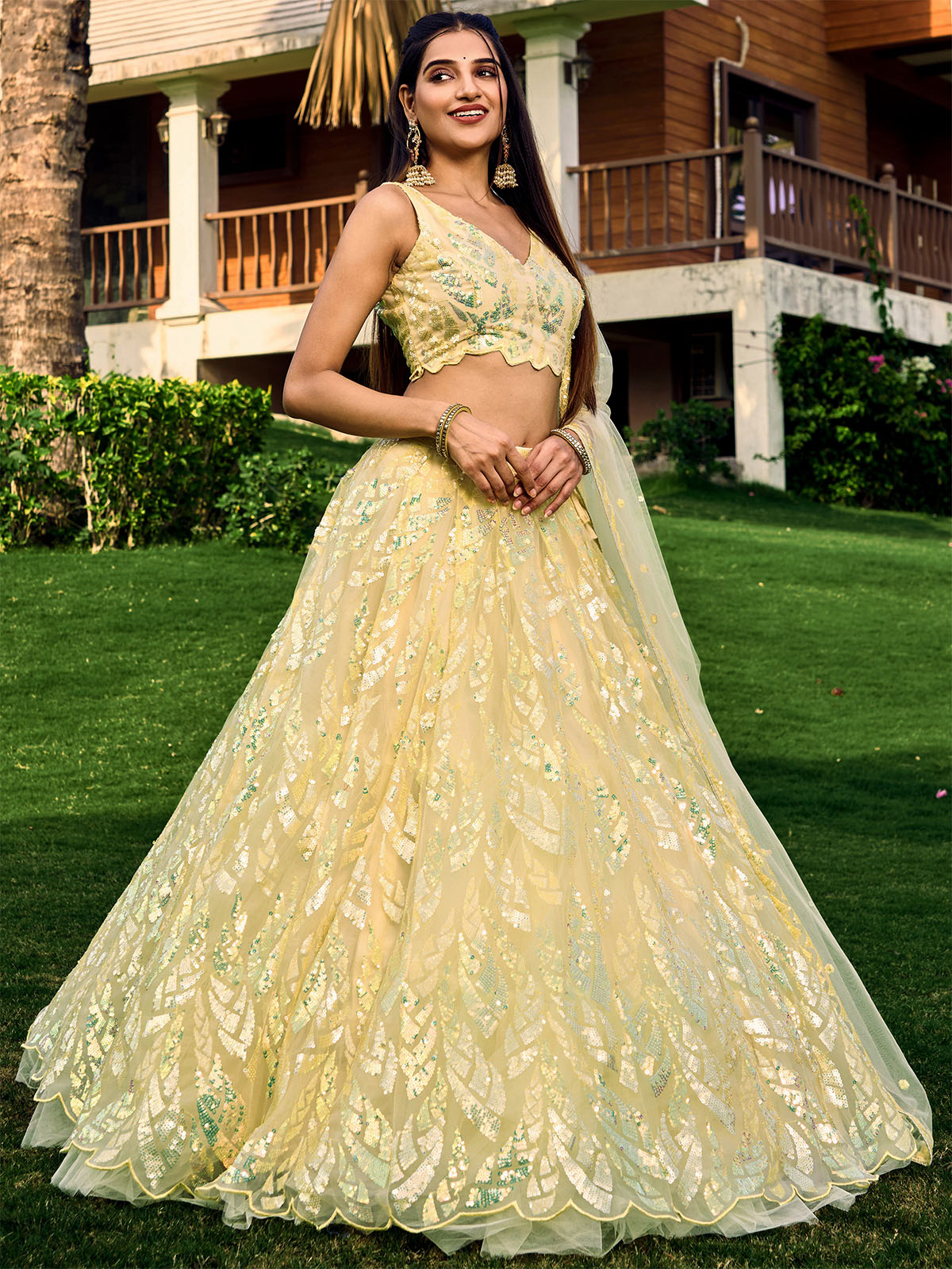 Odette Light Yellow Soft Net Embellished Semi Stitched Lehenga With Unstitched Blouse For Women